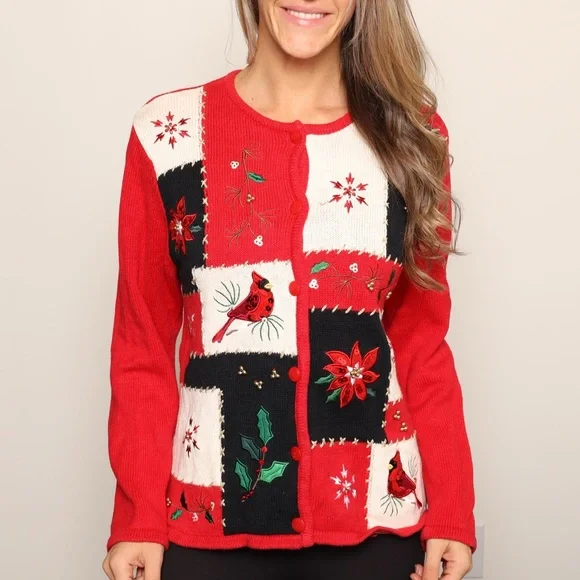 ❄️ Vintage Red and Black Sequin Cardinal Poinsettias Knit Cardigan Sweater - Picture 2 of 3